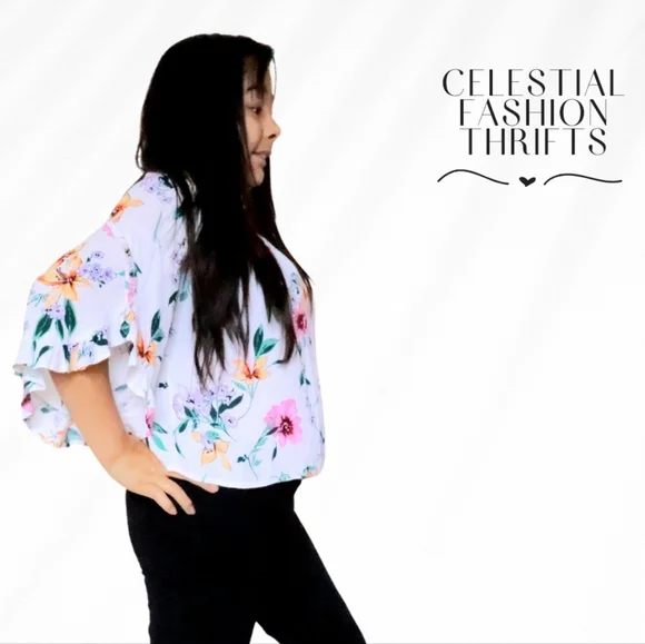 BERSHKA OFF SHOULDER WOMENS SIZE MEDIUM FLORAL TOP - Picture 2 of 3